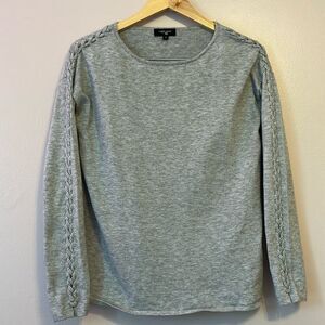 Colourworks Izy Braided Sleeve Crewneck Sweater Boho Cozy Neutral Gray Small
